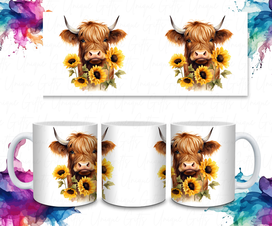 Coffee Mug Featuring A Highland Cow and Sunflowers.