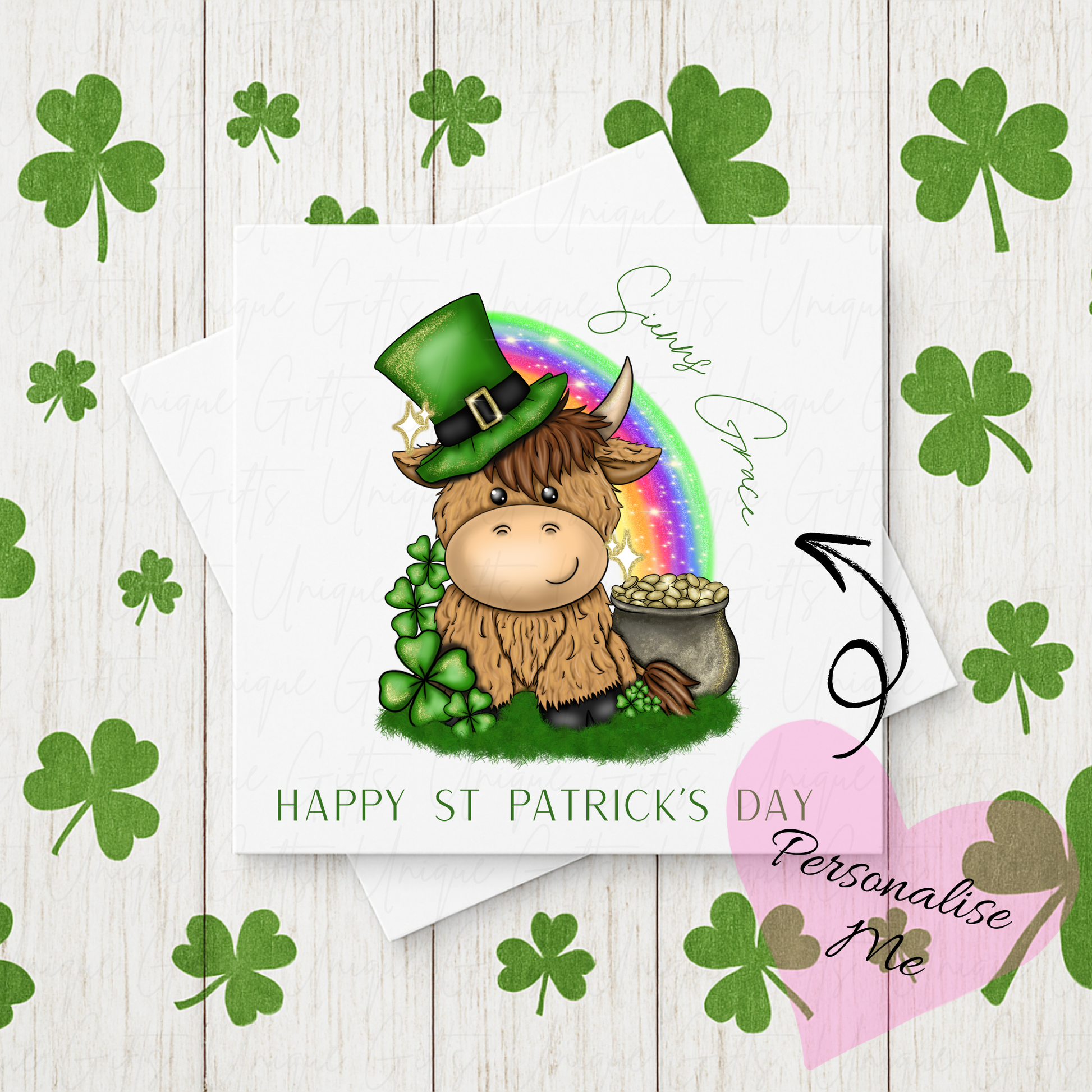 Personalised St Patrick's Day highland cow card – handmade personalised 6x6 inch Irish greeting card