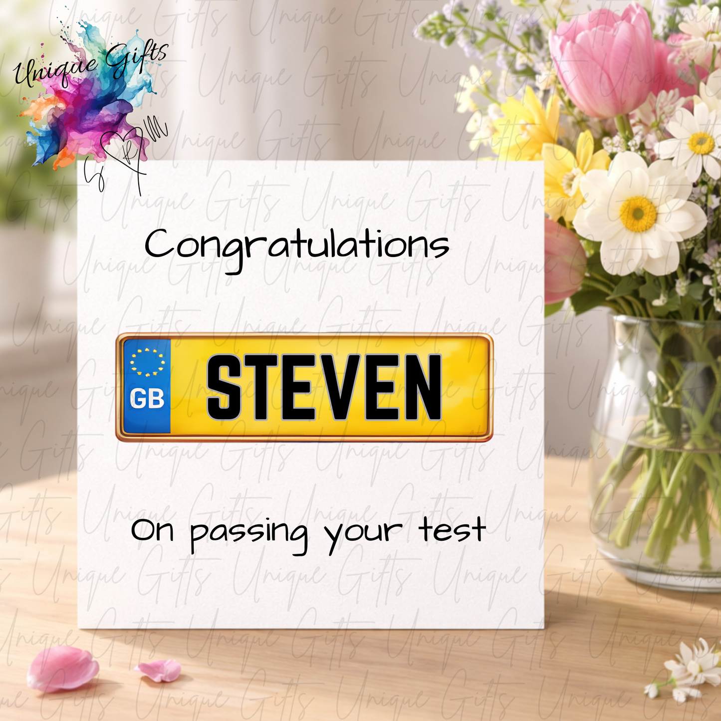 Number plate driving test congratulations card displayed with flowers | Unique Gifts