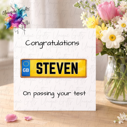 Number plate driving test congratulations card displayed with flowers | Unique Gifts