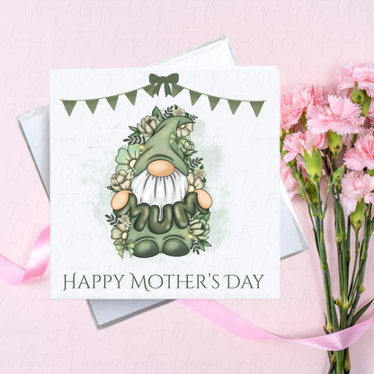 Personalised Mother's Day Card – Sage Green Gonk Holding MUM – With Envelope