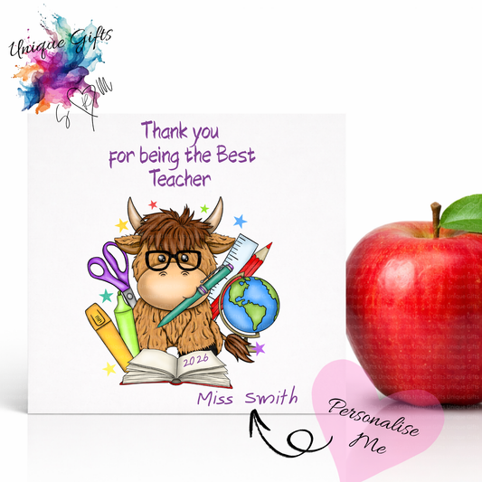 Best Teacher Card – Highland Cow with Glasses