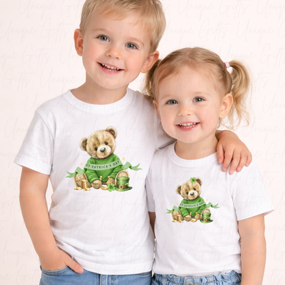 Personalised St Patrick's Day girl bear children's t-shirt – custom name kids tee, sizes 6 months to 5-6 years