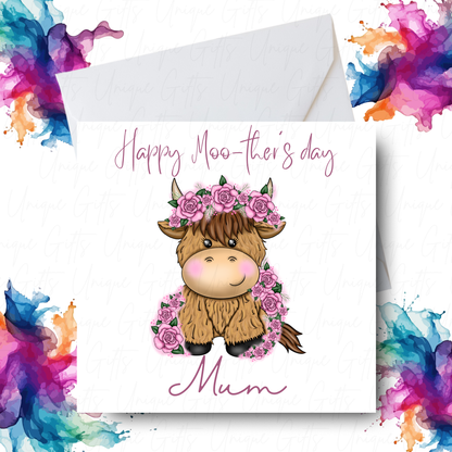 Highland Cow with Pink Flowers Mother's Day Card Design – Unique Gifts