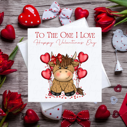 Highland Cow Valentine's Day Card – To The One I Love – Bow Design – Handmade Square Card