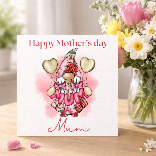 Personalised Mother's Day Card – Pink Flower Gonk Holding MUM – Lifestyle Shot