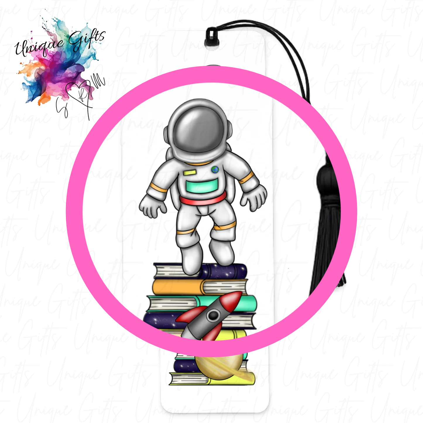 Space man bookmark close up – colourful planets design, personalised gift for space lovers