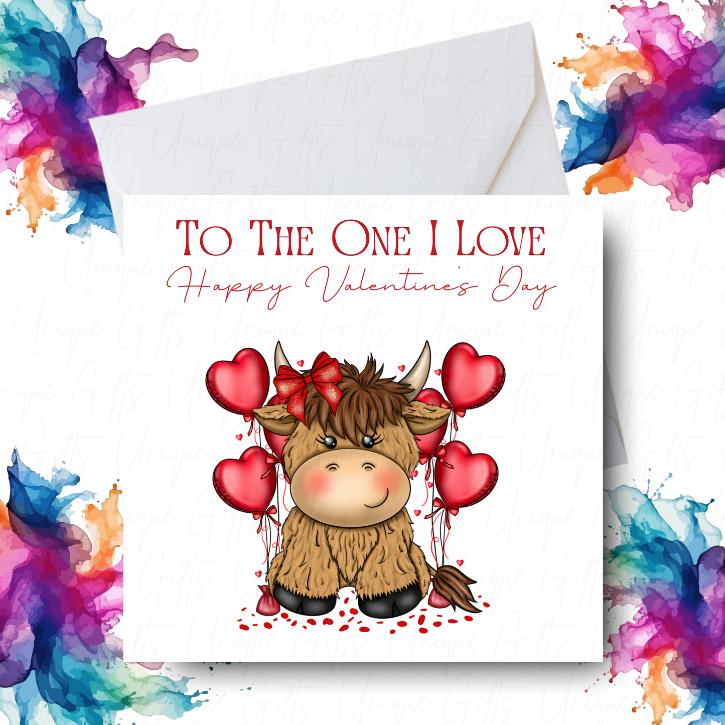 Highland Cow Valentine's Day Card – To The One I Love – Bow Design – Handmade Square Card