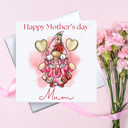 Personalised Mother's Day Card – Pink Flower Gonk Holding MUM – With Envelope