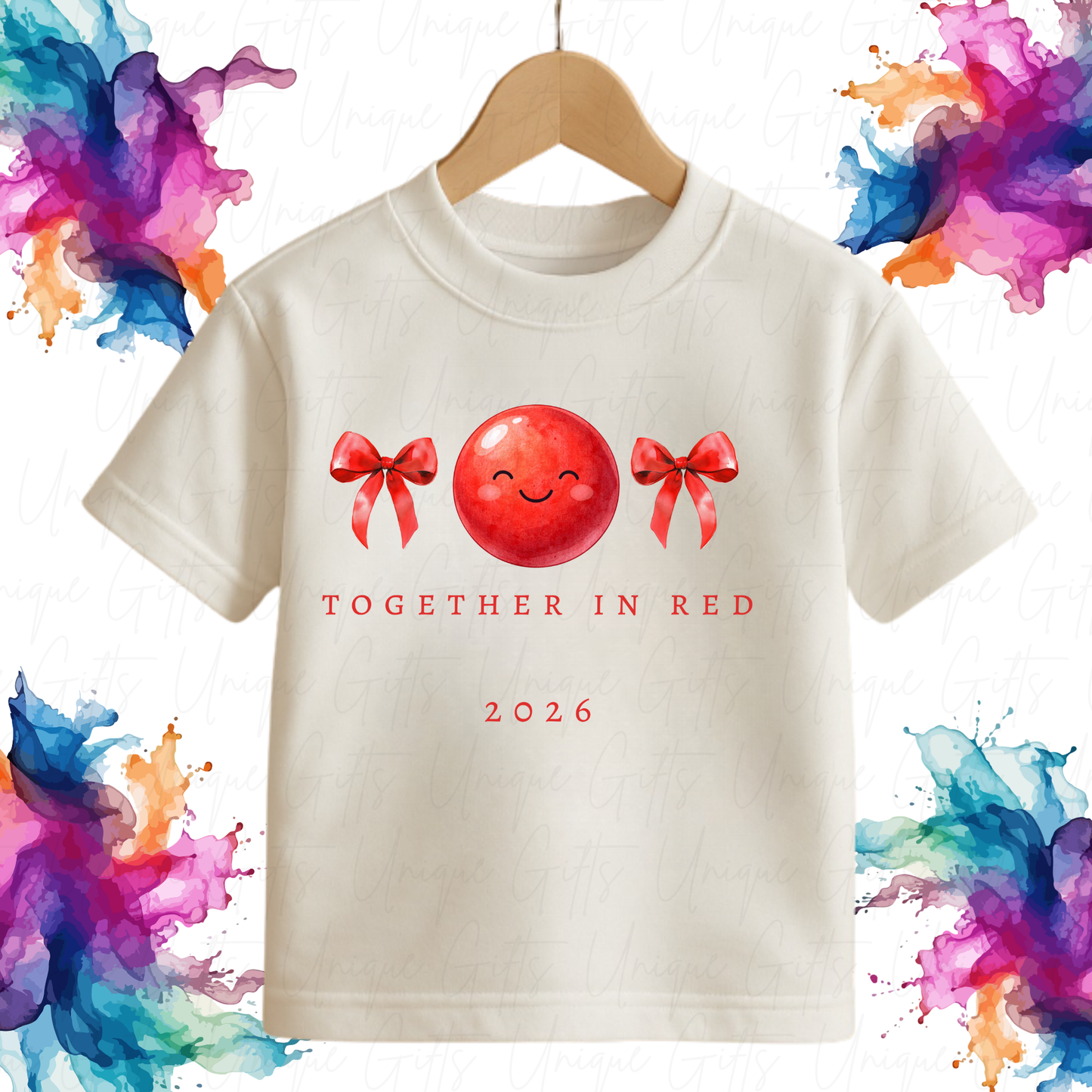 Personalised Red Nose Day 2026 red nose design children's t-shirt – custom name kids tee, sizes 6 months to 5-6 years