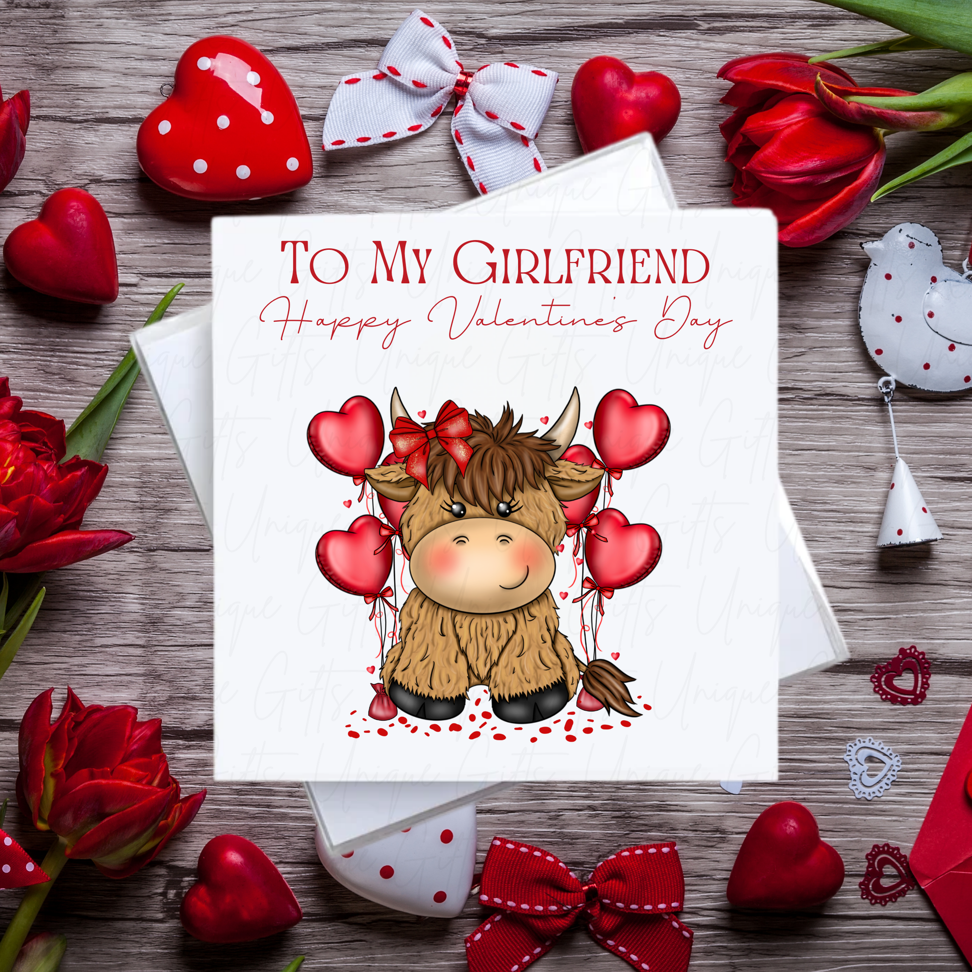 Highland Cow Valentine's Day Card – To My Girlfriend – Handmade Square Card