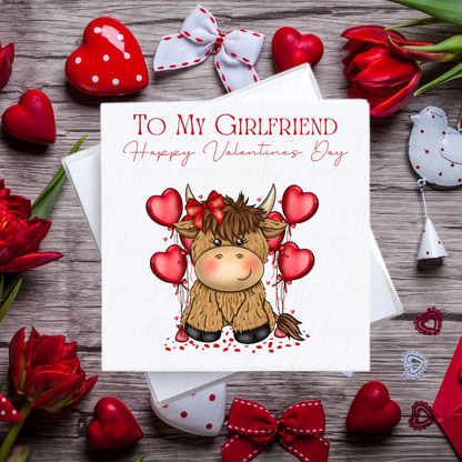 Highland Cow Valentine's Day Card – To My Girlfriend – Handmade Square Card