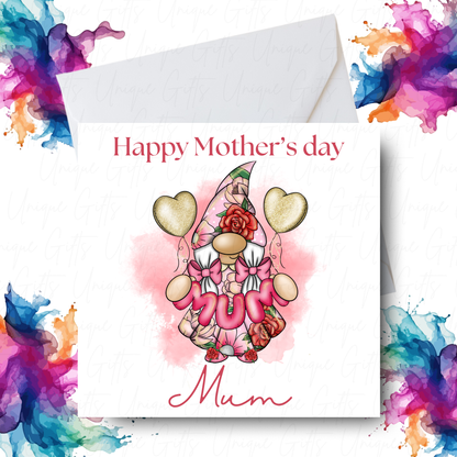 Pink Flower Gonk Holding MUM Mother's Day Card Design – Unique Gifts