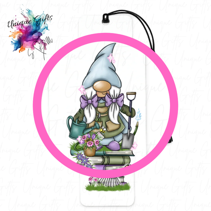 Gardening gonk bookmark close up – tools and flowers design, personalised gardener gift