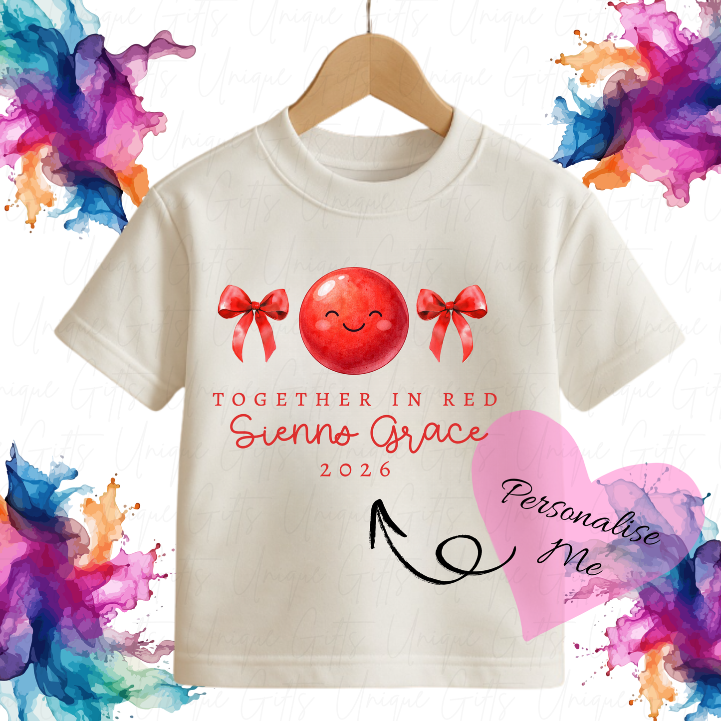 Personalised Red Nose Day 2026 red nose design children's t-shirt – custom name kids tee, sizes 6 months to 5-6 years