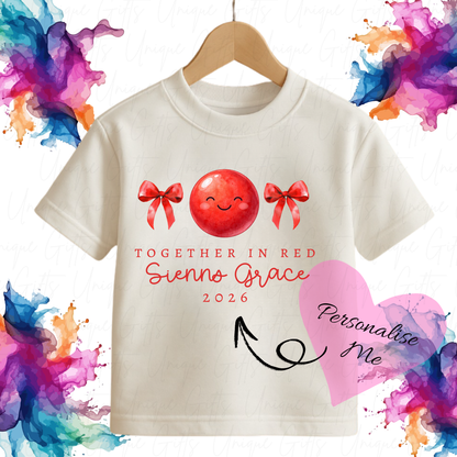 Personalised Red Nose Day 2026 red nose design children's t-shirt – custom name kids tee, sizes 6 months to 5-6 years