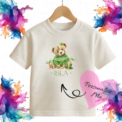 Personalised St Patrick's Day girl bear children's t-shirt – custom name kids tee, sizes 6 months to 5-6 years