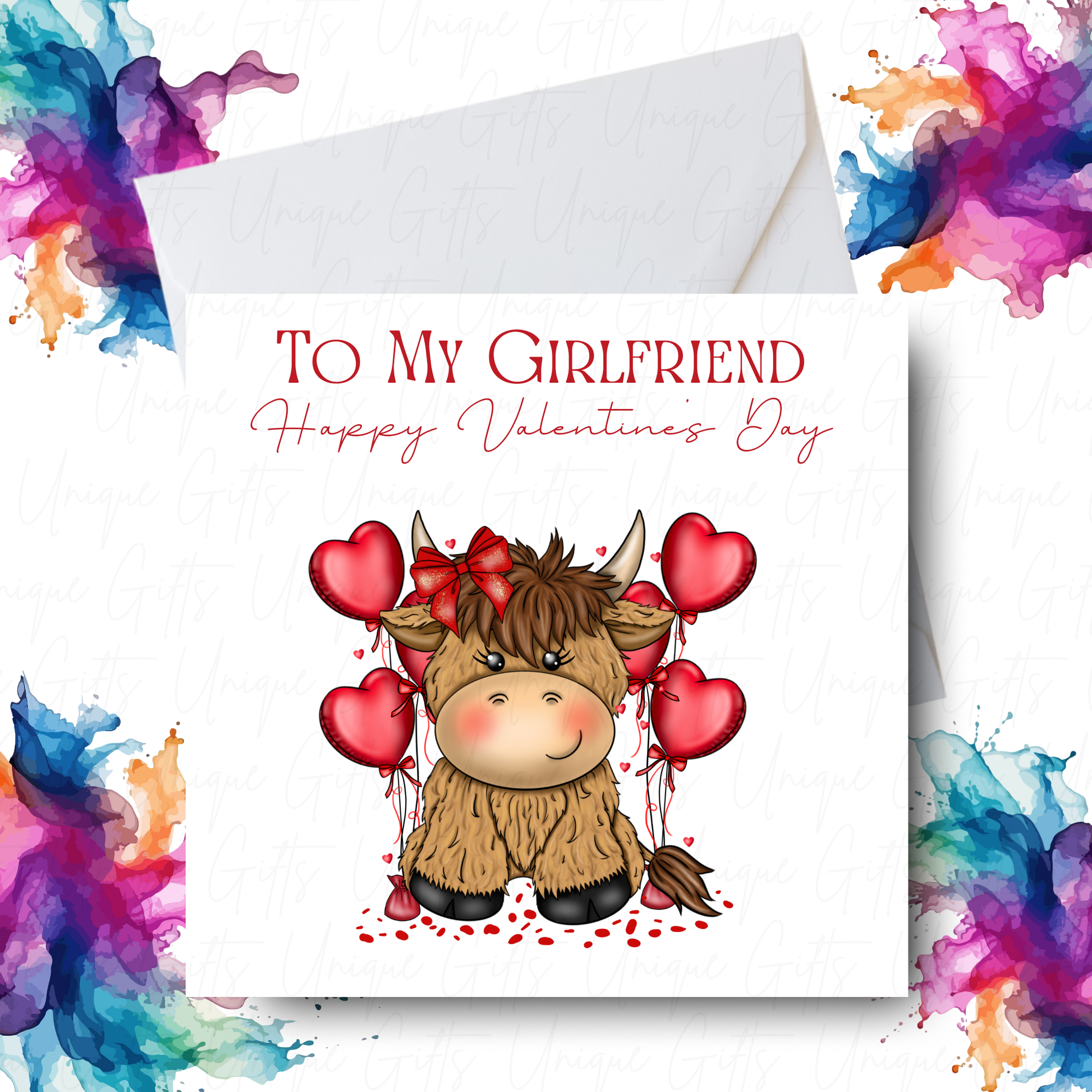 Highland Cow Valentine's Day Card – To My Girlfriend – Handmade Square Card
