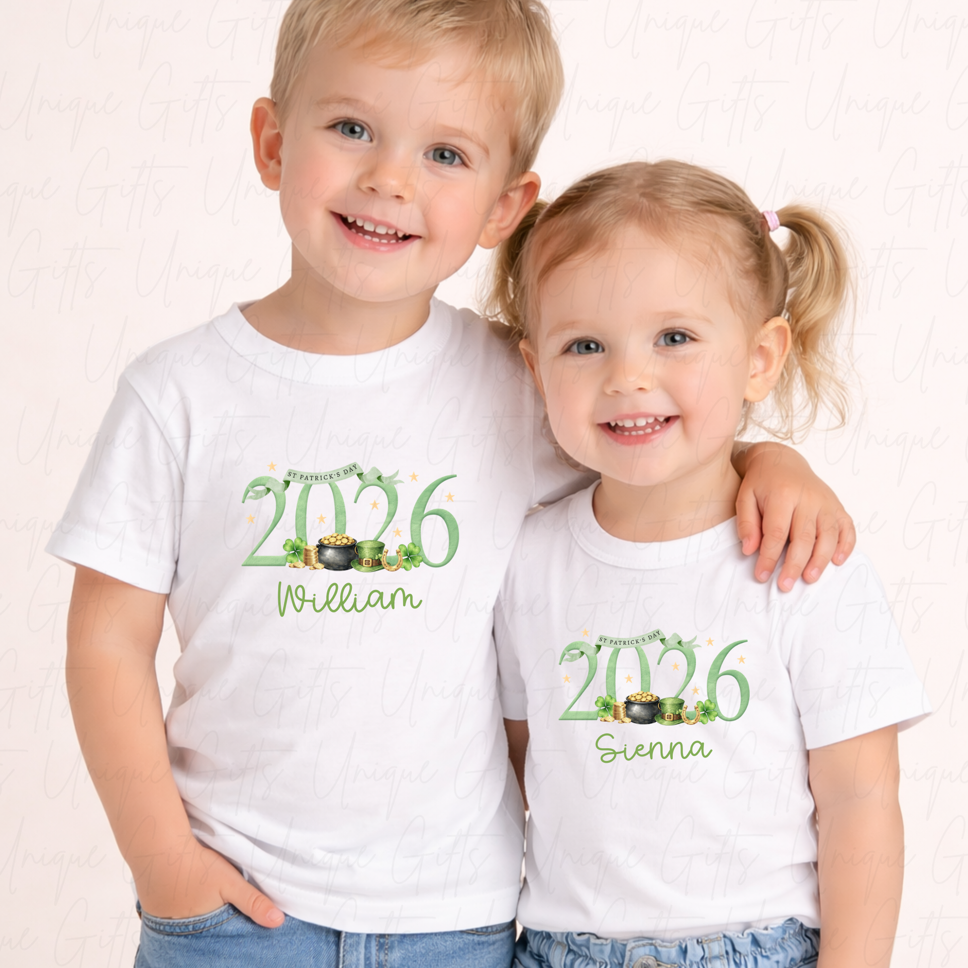 Personalised St Patrick's Day 2026 children's t-shirt – custom name kids tee, sizes 6 months to 5-6 years