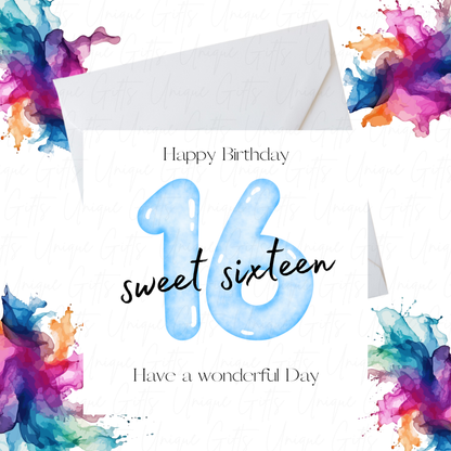 Blue Number 16 Birthday Card – Handmade 16th Birthday Card for Teen Boy, Stylish Design for Son, Nephew, or Friend