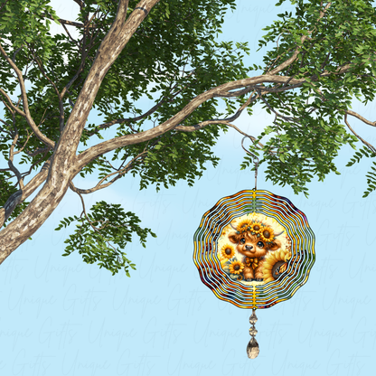 Wind Spinner Cute Highland Cow With Sunflowers Design.