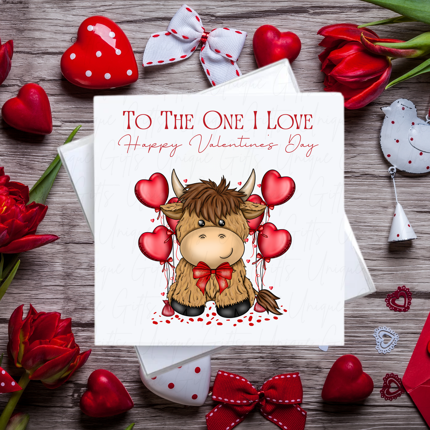 Handmade Highland Cow Valentine’s Day Card – Romantic Personalised Love Card (6" x 6")