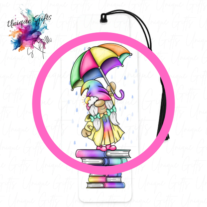 Gonk umbrella bookmark close up – colourful rainy day design, quirky personalised gift