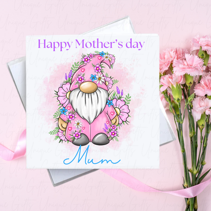 Personalised Mother's Day Card – Pink Flowery Gonk – With Envelope