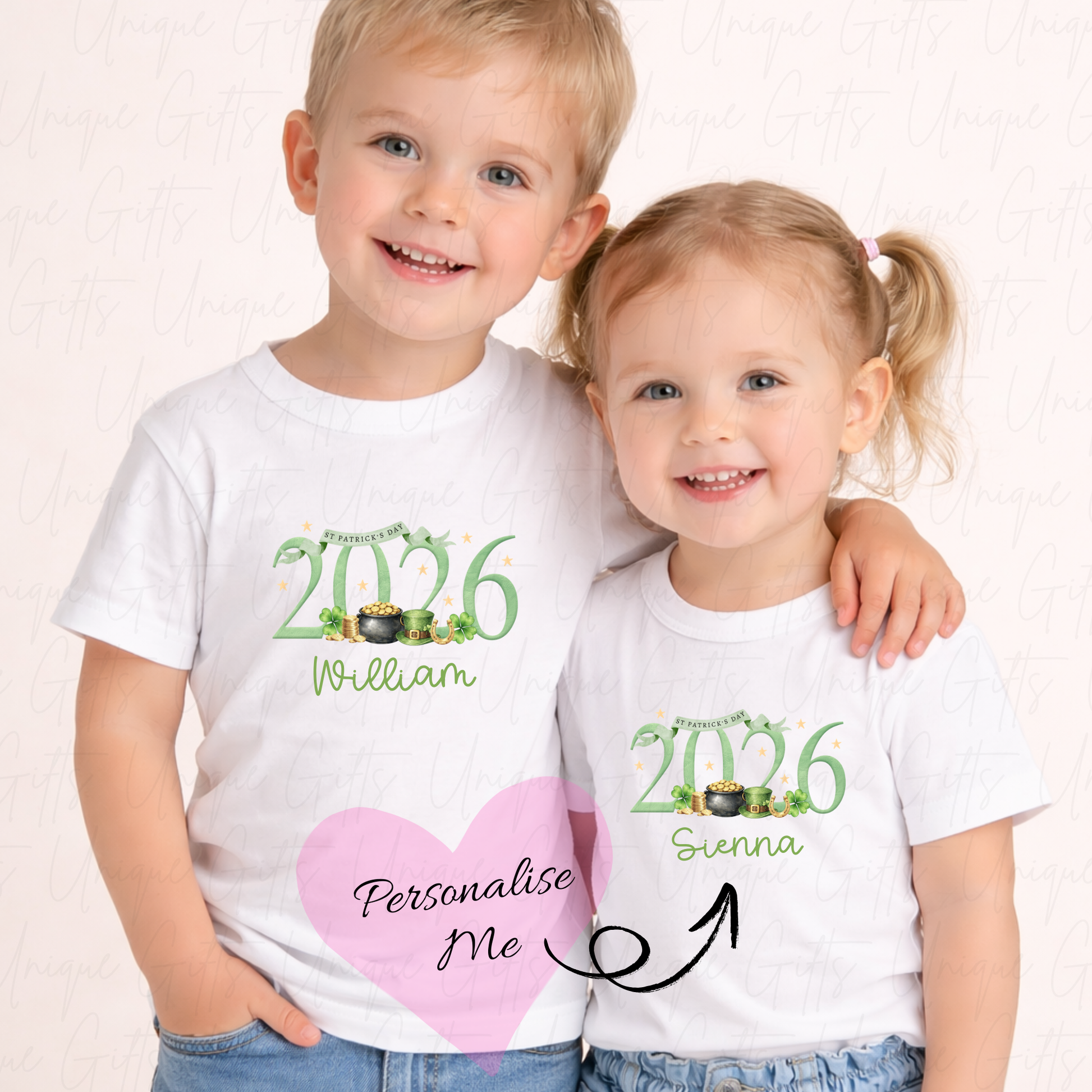Personalised St Patrick's Day 2026 children's t-shirt – custom name kids tee, sizes 6 months to 5-6 years