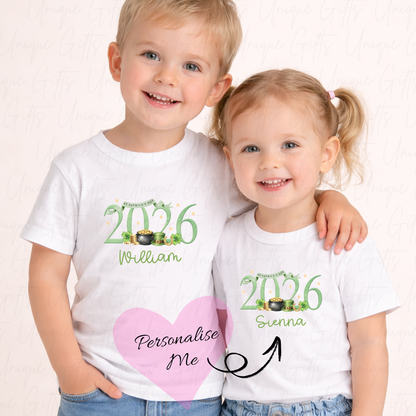 Personalised St Patrick's Day 2026 children's t-shirt – custom name kids tee, sizes 6 months to 5-6 years