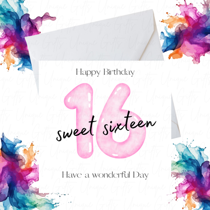 Pink Number 16 Birthday Card – Handmade Sweet Sixteen Card for Her, Elegant Design for Daughter, Niece, or Friend
