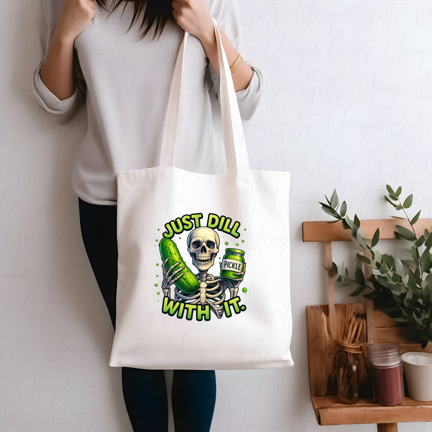 Tote Bag in White with Just Dill with It Design