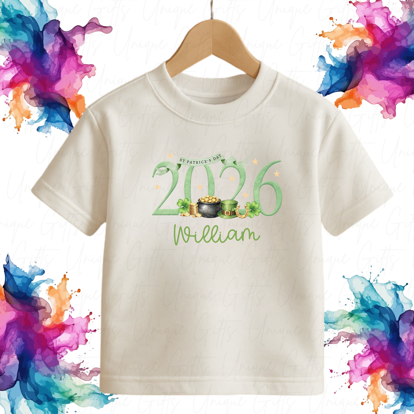 Personalised St Patrick's Day 2026 children's t-shirt – custom name kids tee, sizes 6 months to 5-6 years