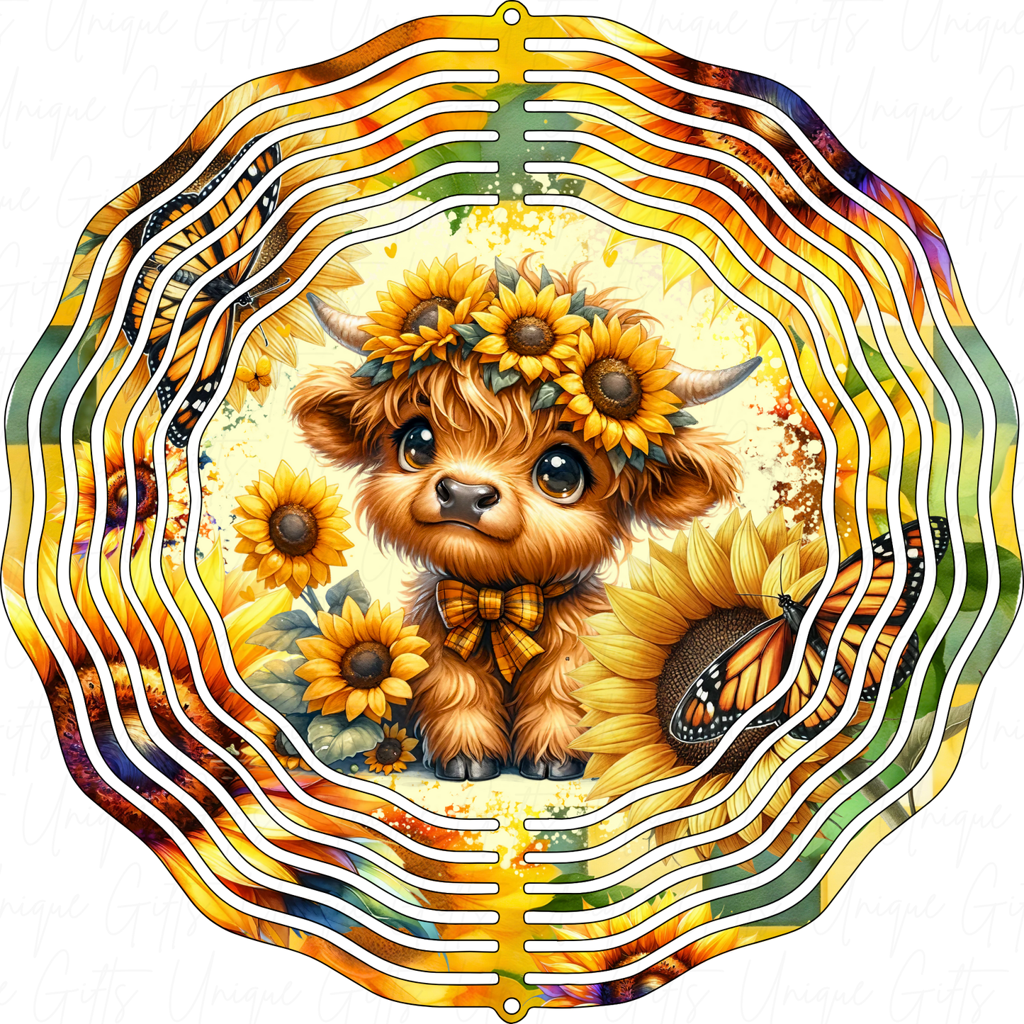 Wind Spinner Cute Highland Cow With Sunflowers Design.