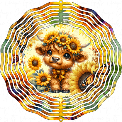 Wind Spinner Cute Highland Cow With Sunflowers Design.