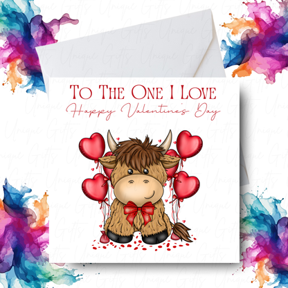 Handmade Highland Cow Valentine’s Day Card – Romantic Personalised Love Card (6" x 6")