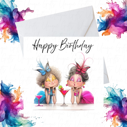 Funny Birthday Card – Two Ladies Drinking Design, Handmade