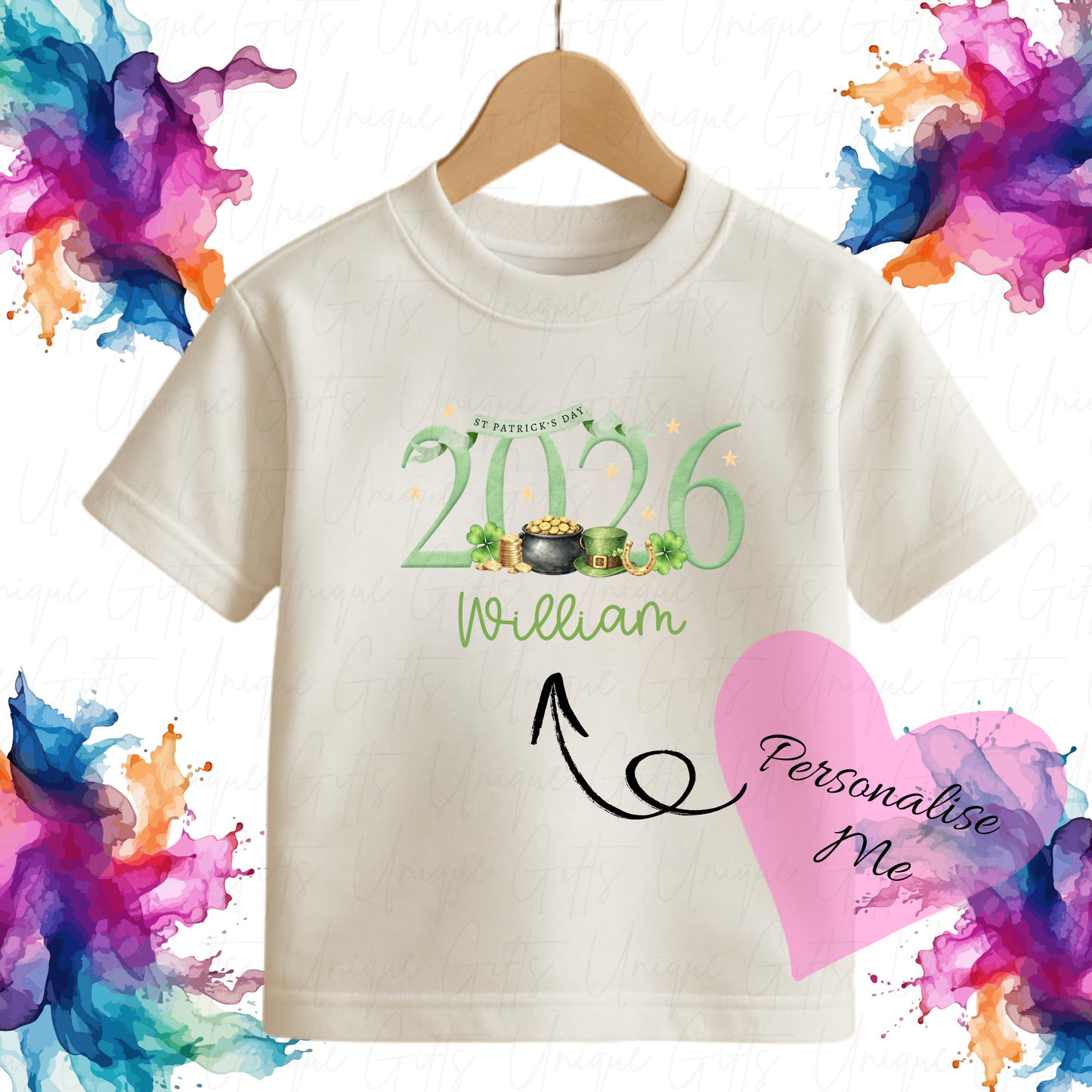 Personalised St Patrick's Day 2026 children's t-shirt – custom name kids tee, sizes 6 months to 5-6 years
