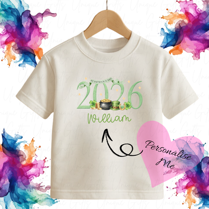 Personalised St Patrick's Day 2026 children's t-shirt – custom name kids tee, sizes 6 months to 5-6 years