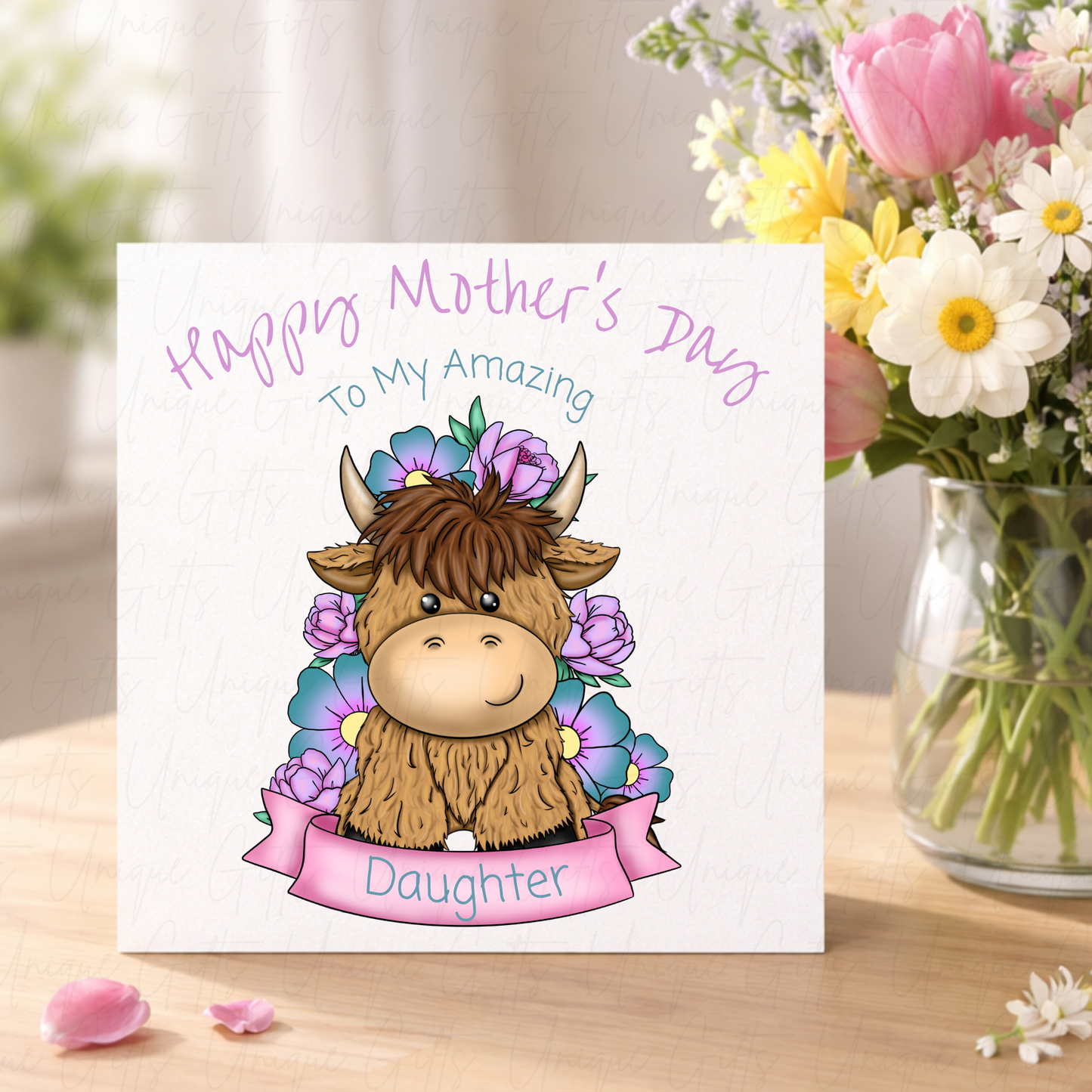 Personalised Mother's Day Card – Highland Cow to a Daughter – Lifestyle Shot