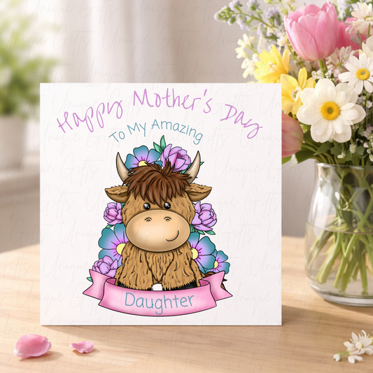 Personalised Mother's Day Card – Highland Cow to a Daughter – Lifestyle Shot