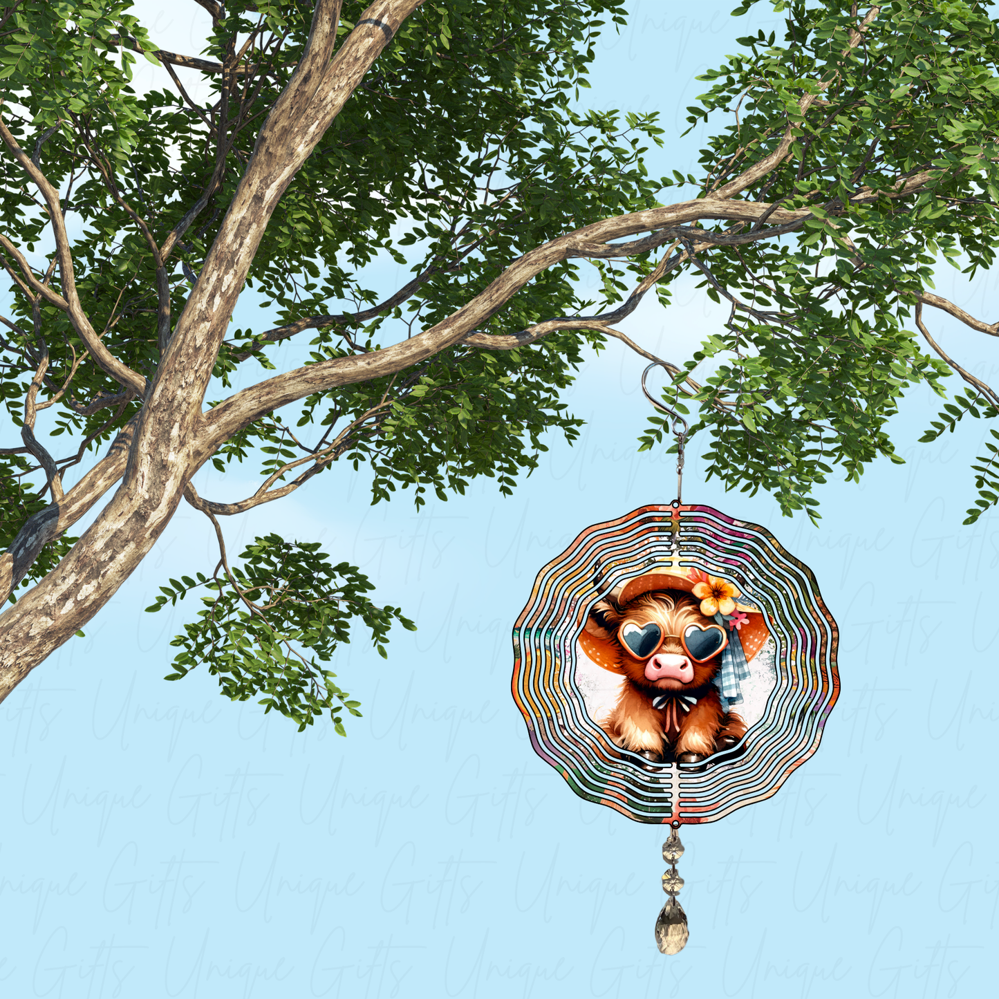 Wind Spinner Cute Highland Cow With Sunglasses Design.