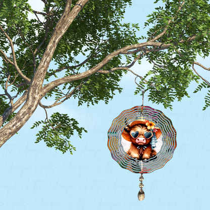 Wind Spinner Cute Highland Cow With Sunglasses Design.