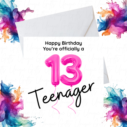 Pink Number 13 Birthday Card – Handmade 13th Birthday Card for Teen Girl, Elegant Design for Daughter, Niece, or Friend