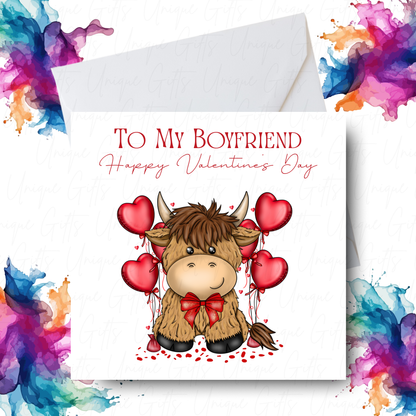 Highland Cow Valentine's Day Card – To My Boyfriend – card front with envelope and watercolour background