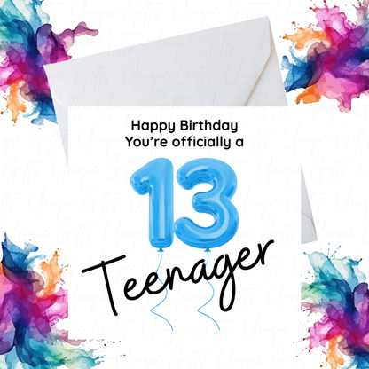 Blue Number 13 Birthday Card – Handmade 13th Birthday Card for Teen Boy, Stylish Design for Son, Nephew, or Friend