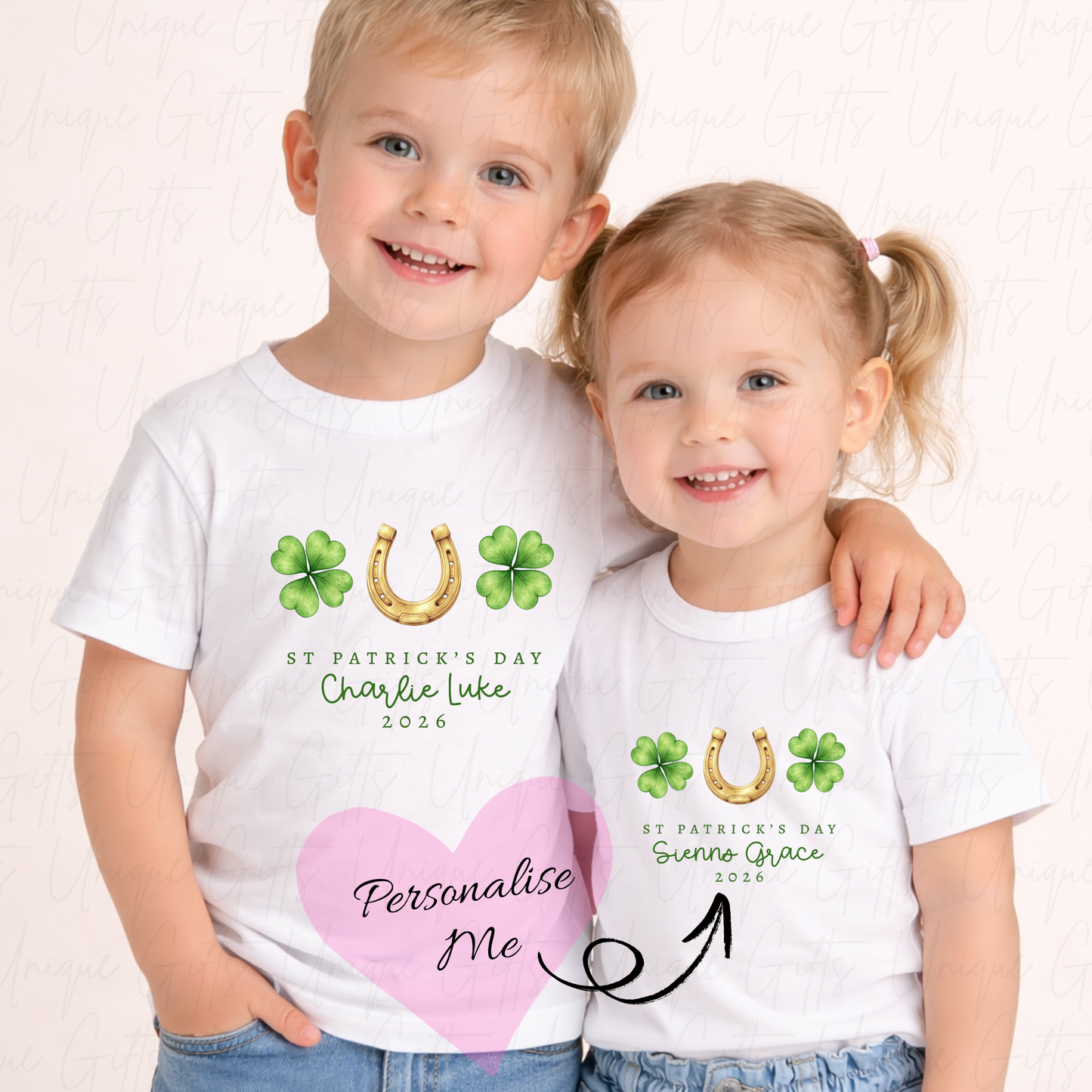 Personalised St Patrick's Day lucky horseshoe children's t-shirt – custom name kids tee, sizes 6 months to 5-6 years
