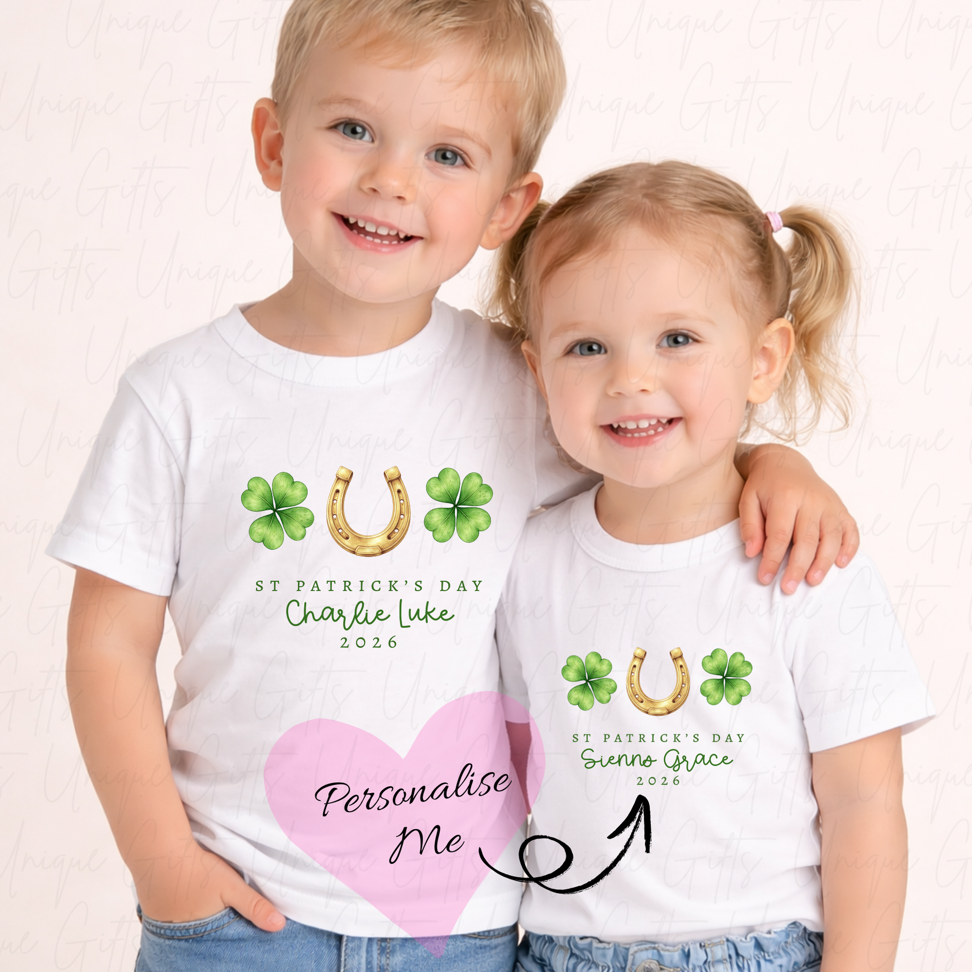 Personalised St Patrick's Day lucky horseshoe children's t-shirt – custom name kids tee, sizes 6 months to 5-6 years