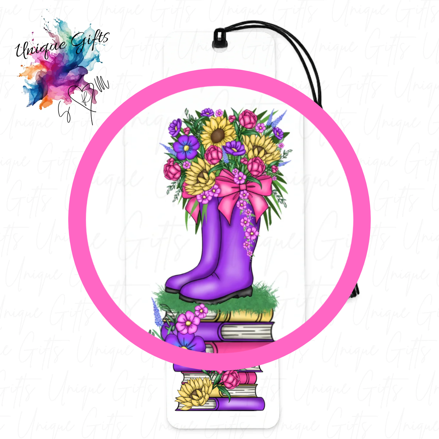 Colourful wellies bookmark close up – vibrant garden design, personalised gardener gift