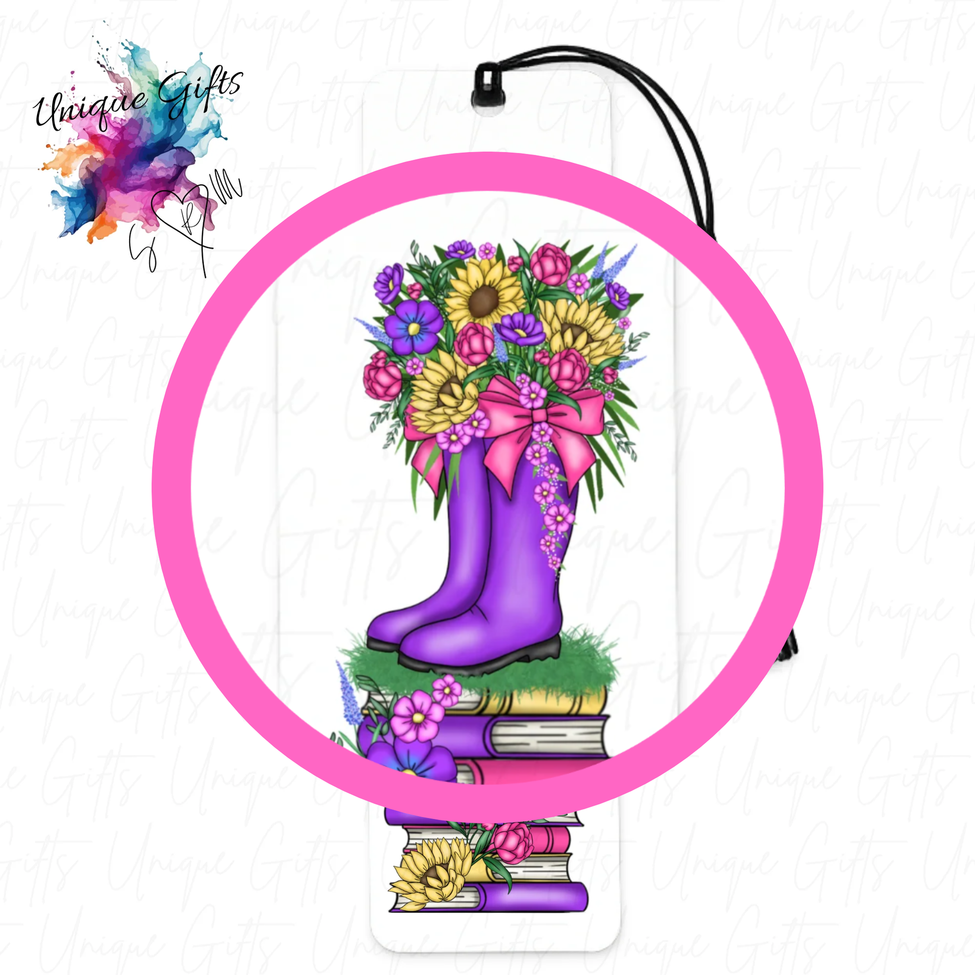 Colourful wellies bookmark close up – vibrant garden design, personalised gardener gift